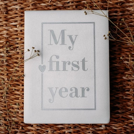 White baby memory box "My first year" with milestone cards