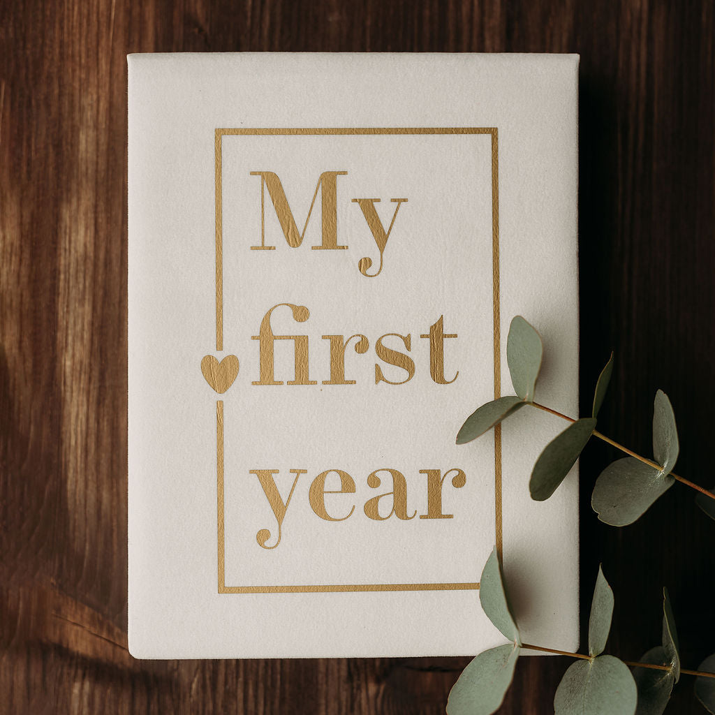 White baby memory box "My first year" with milestone cards